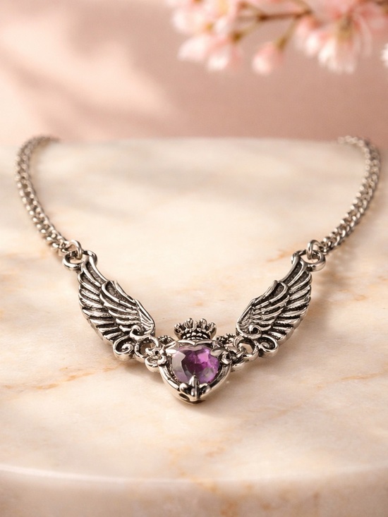 Jewelry - Winged Heart Pendant Necklace with Purple Gem